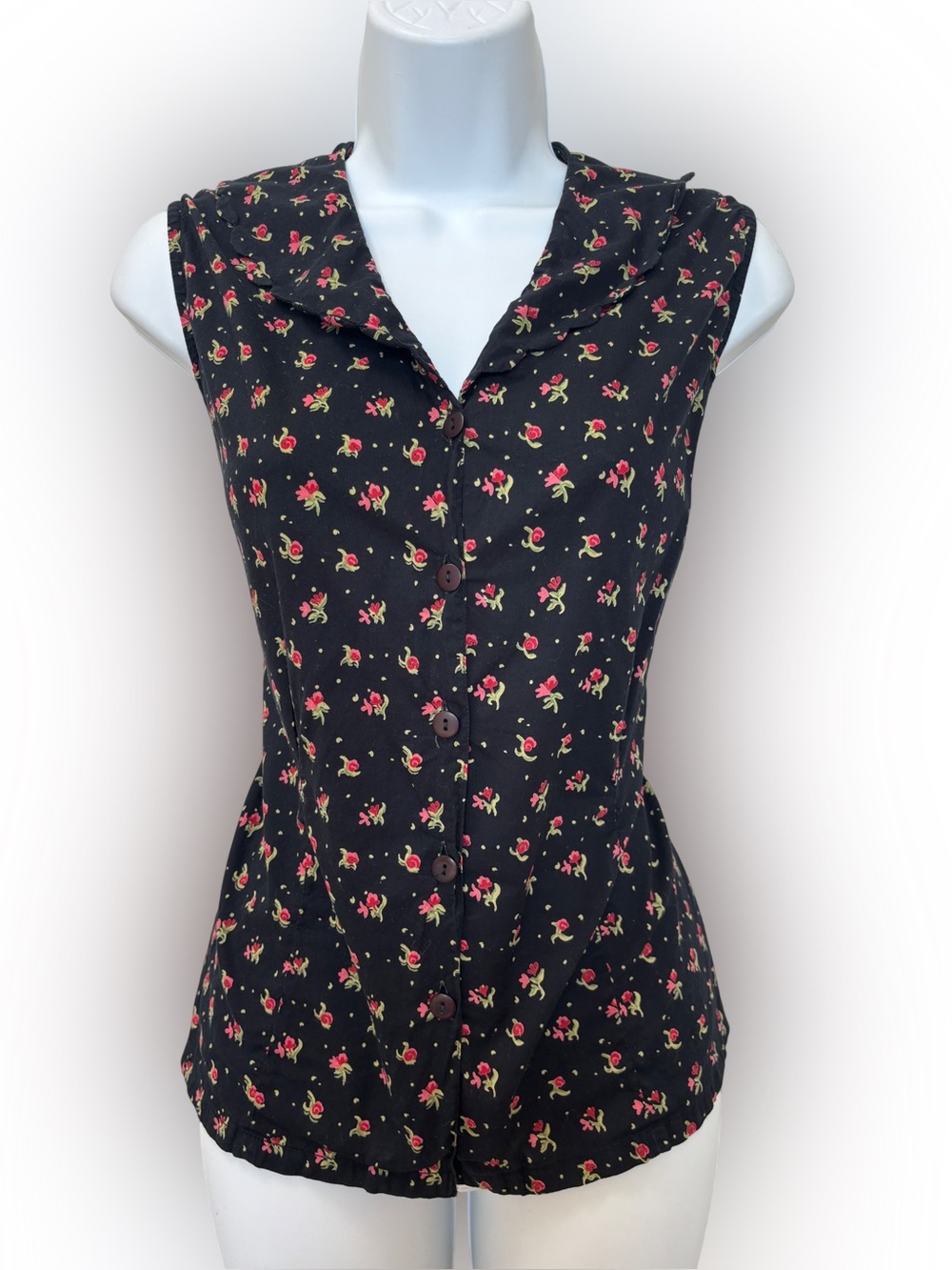April Cornell Vintage Sleeveless Floral Button-Up with Scalloped Collar Size L